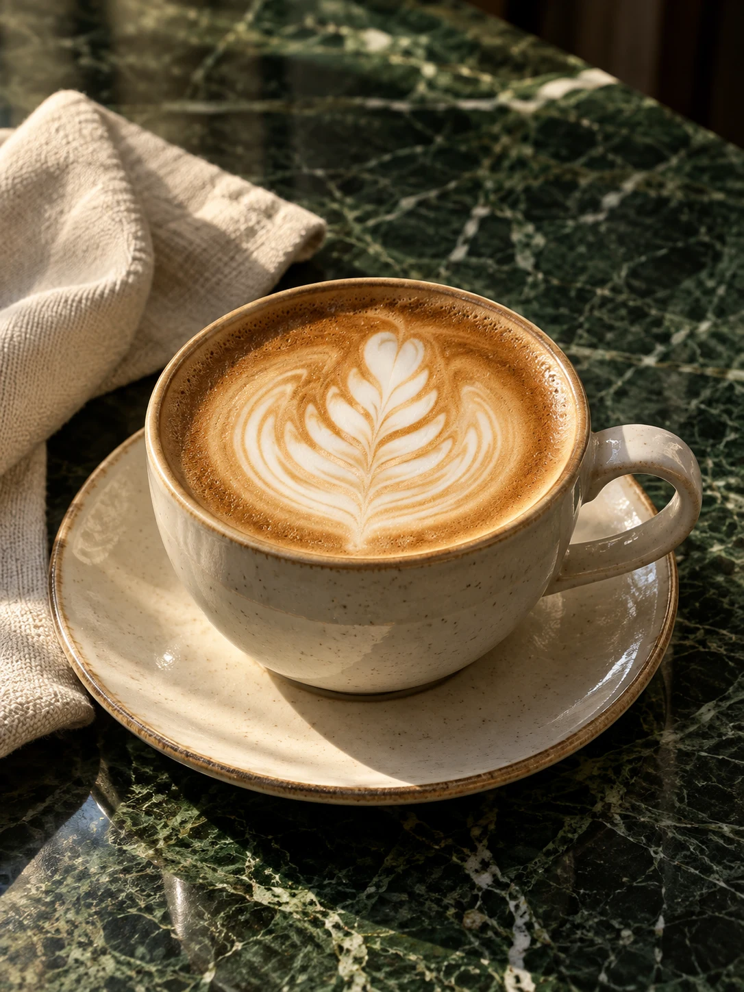 A carefully made latte on forest-green marble